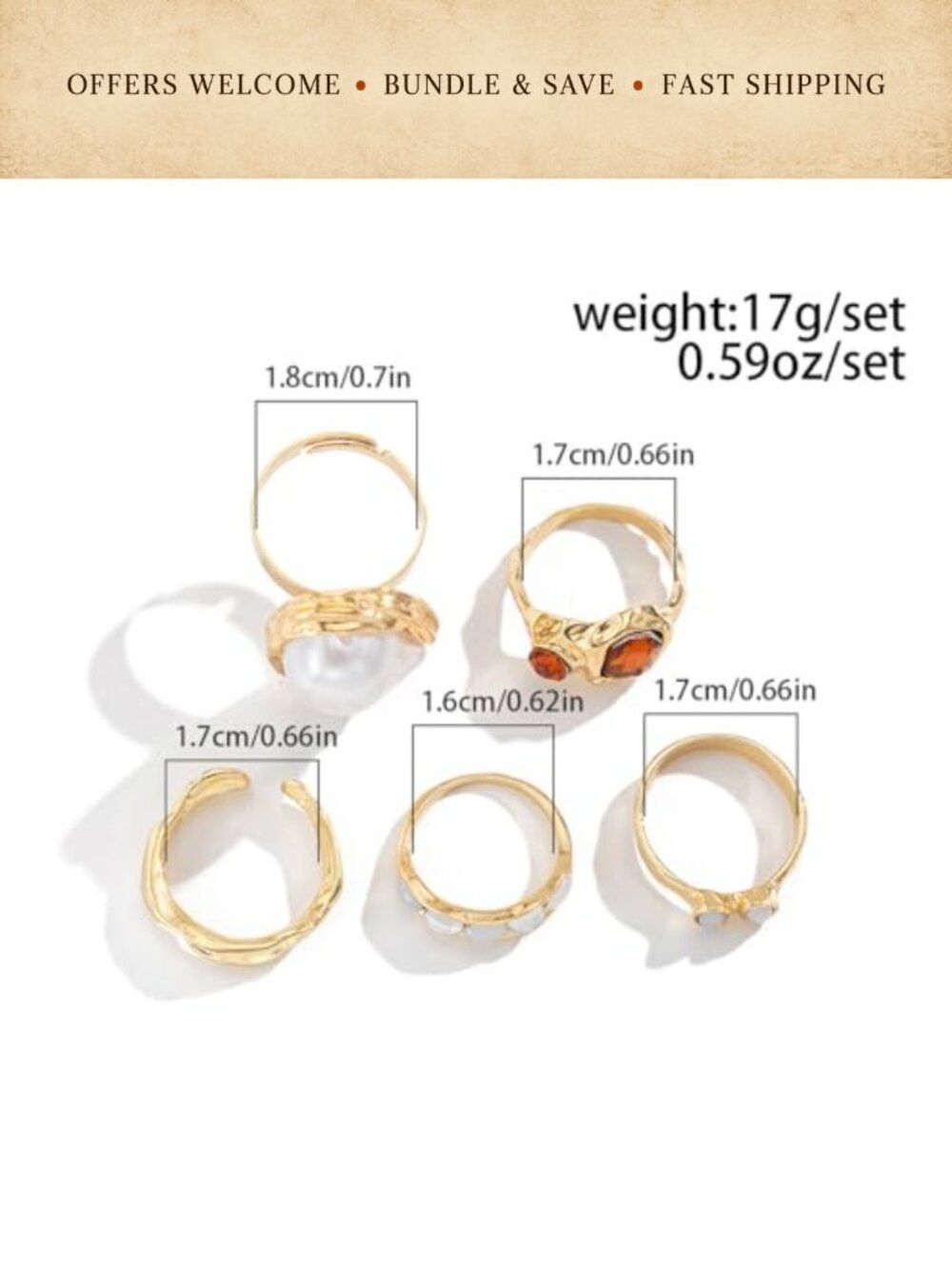 Chunky Gold Tone Ring Set Adjustable Stackable Statement Rings - Picture 4 of 4